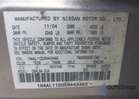 2005 Nissan Altima 2.5 S from USA, damaged, VIN 1N4AL11D05N443493